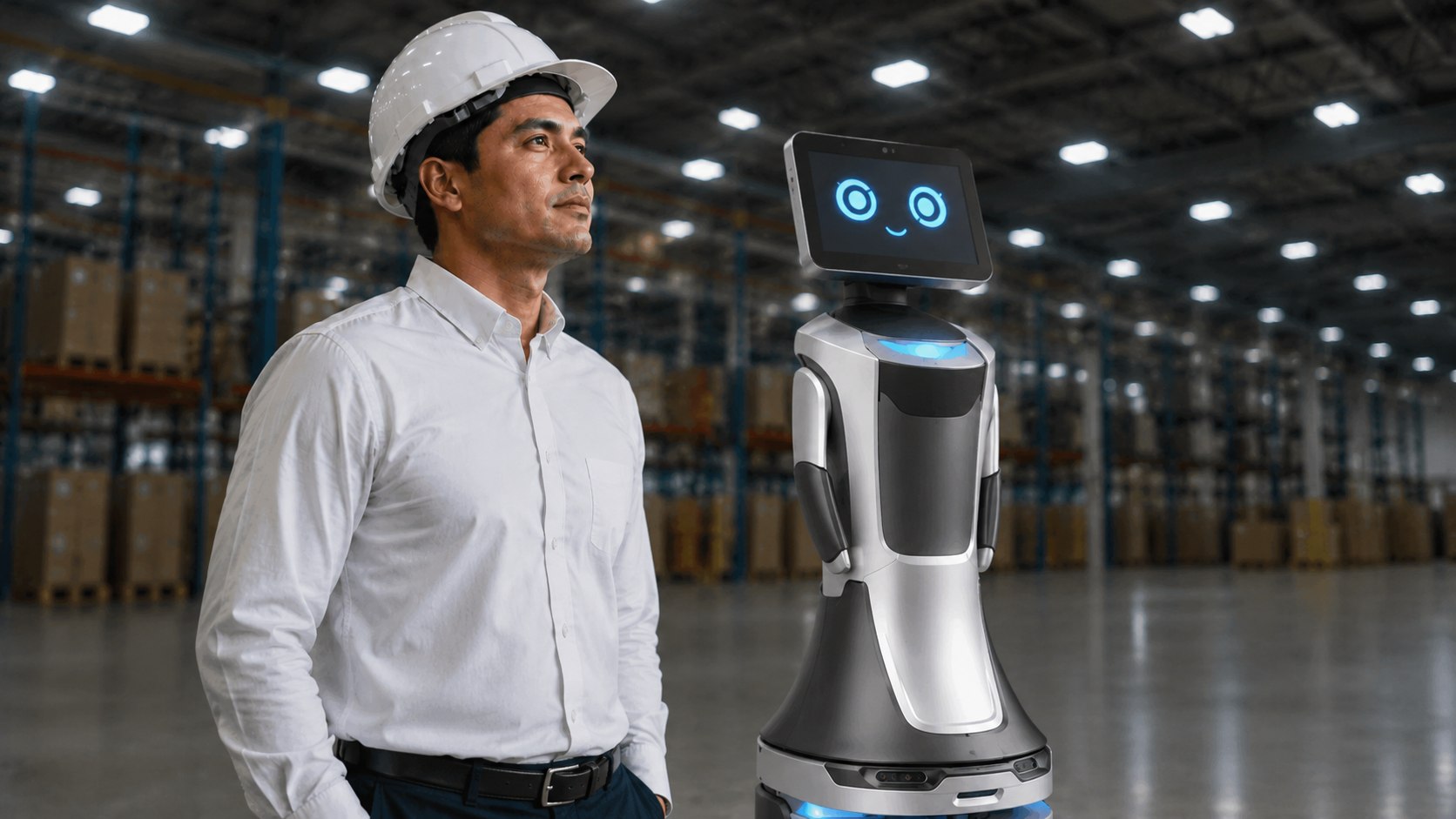 Especialista industrial junto a un robot de servicio